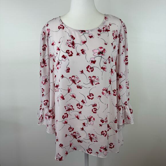 CeCe Womens Sheer 3/4 Sleeve Blouse in Red and Pink Floral Sz M | Feminine Girly - Picture 1 of 12